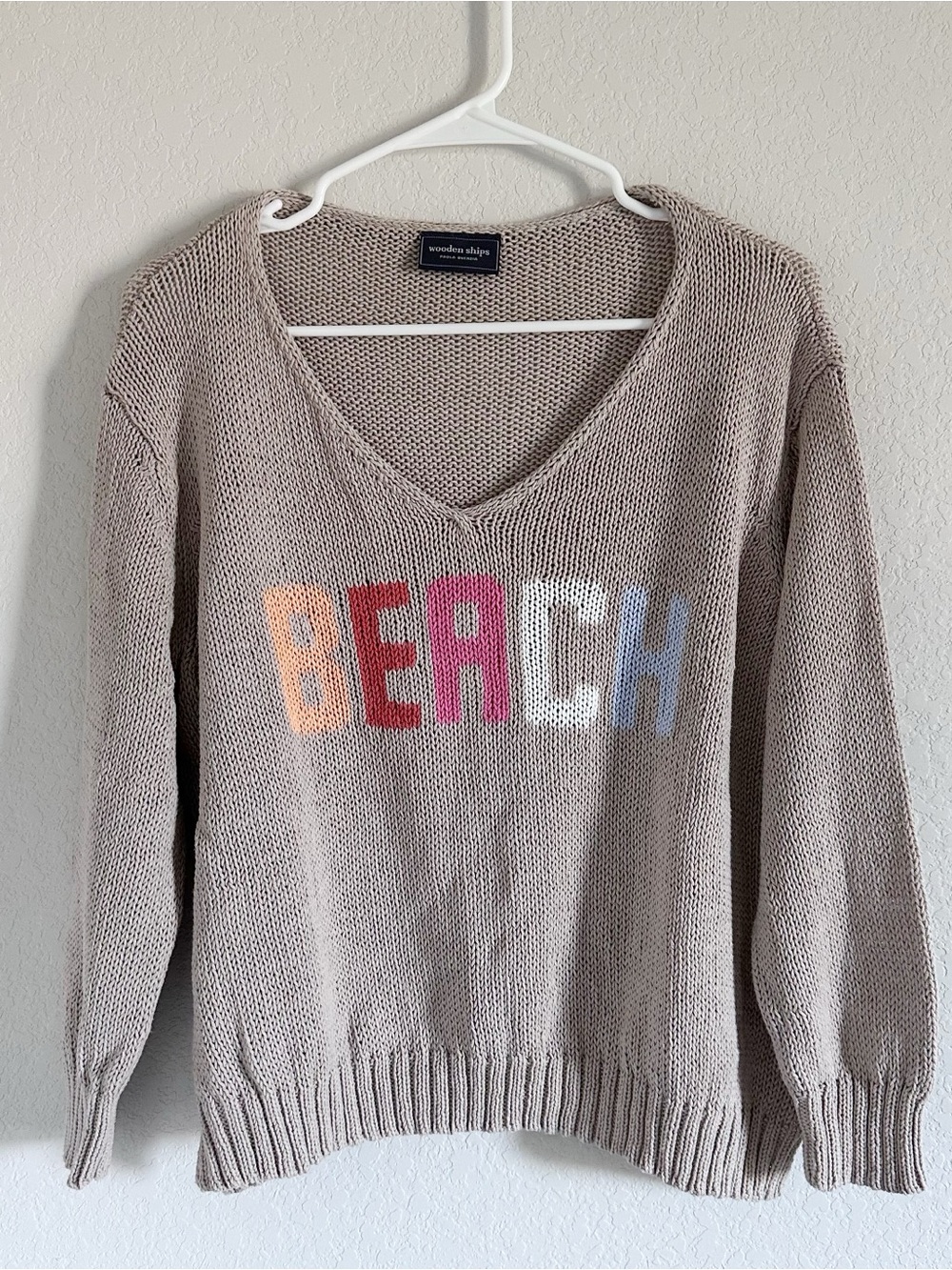 Wooden Ships Beach Sweater Open Knit Top Summer Tan V Neck Sz N/L